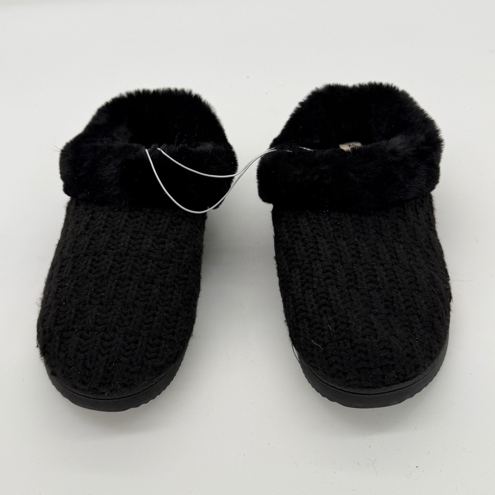 Dearfoams Womens Black Cable Knit Faux Fur Clog Slippers Large 9-10 1899637 NEW